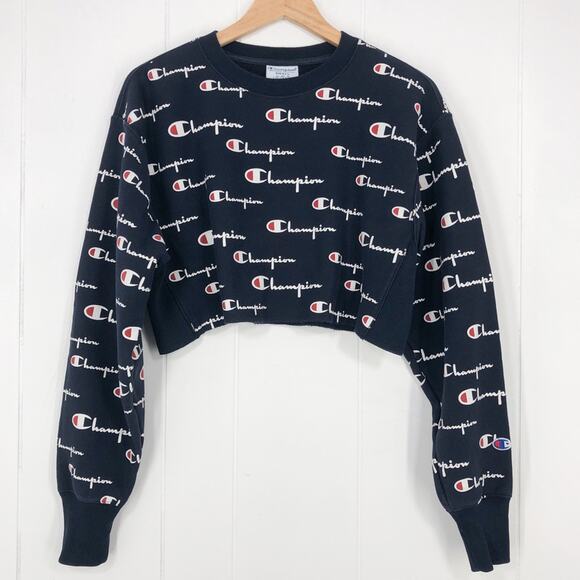 Champion Reverse Weave Crop Boxy Sweatshirt All Over Print Size Small Blue White - Picture 1 of 16